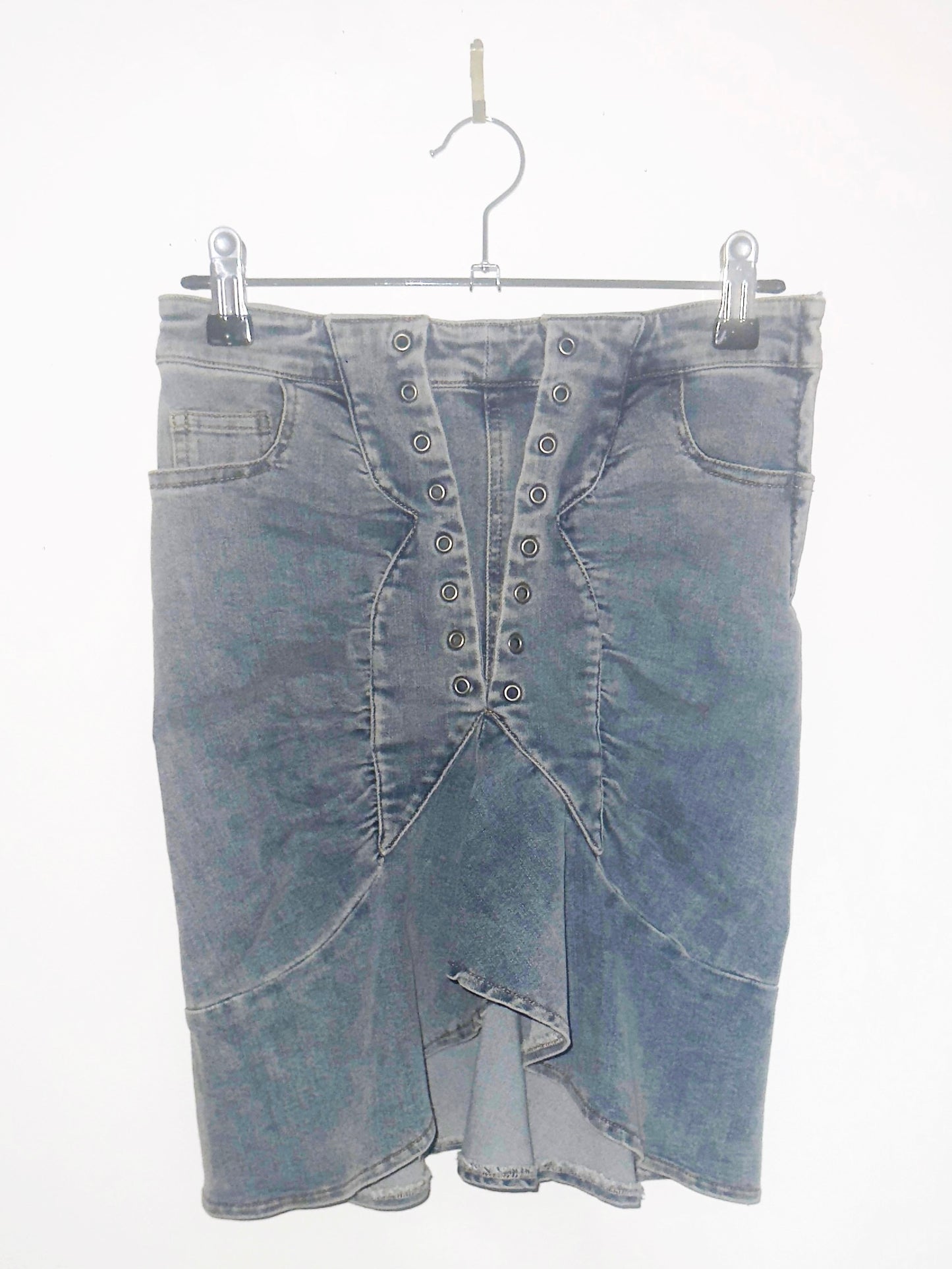 RELIC: Corset-Stitched Denim Skirt in Hexed Indigo
