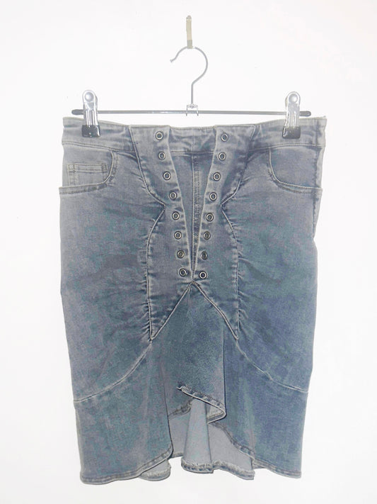 RELIC: Corset-Stitched Denim Skirt in Hexed Indigo